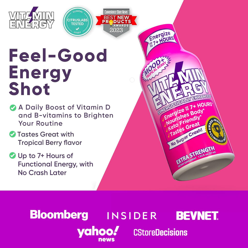 Vitamin Energy Mood+ Extra Strength Energy Shot Tropical Berry 12 Pack, 260mg Natural Caffeine, B-Vitamins, Rhodiola, Chamomile, Mood & Energy Support, Zero Sugar, Gluten-Free, Vegan, 1.93 fl oz