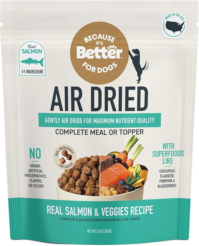 Because It's Better Slow Baked and Air Dried Dog Food, Real Salmon and Veggies, 3lb Bag, Complete and Balanced Dry Dog Food, for All Life Stages