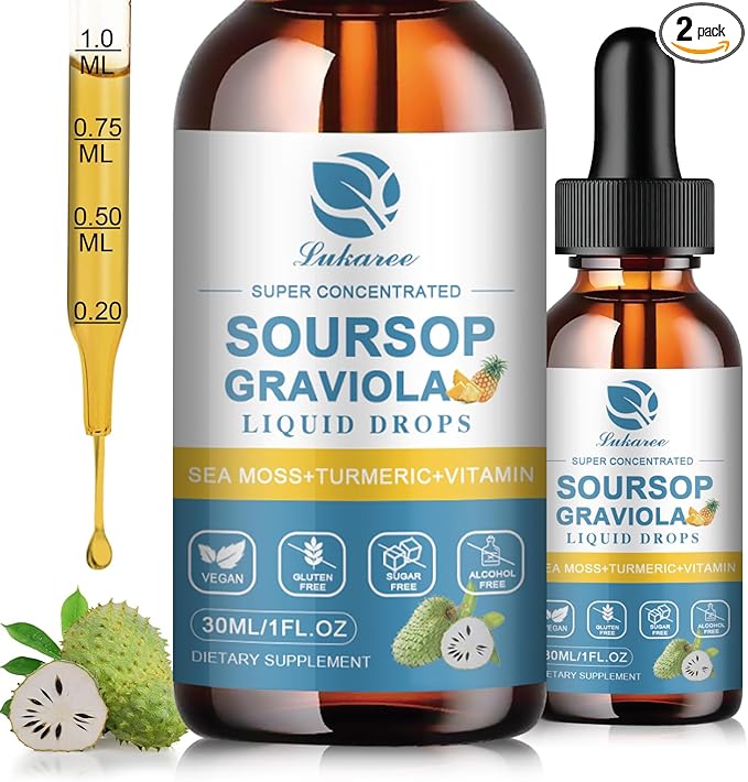 (2 Pack) Soursop Graviola Leaf Extract Liquid Drop Plus Pure Botanical Sea Moss for Cell Support & Regeneration, Immunity and Gut Health, Soursop Bitters Liquid丨Full Texture,Pineapple Flavor,1 Fl Oz