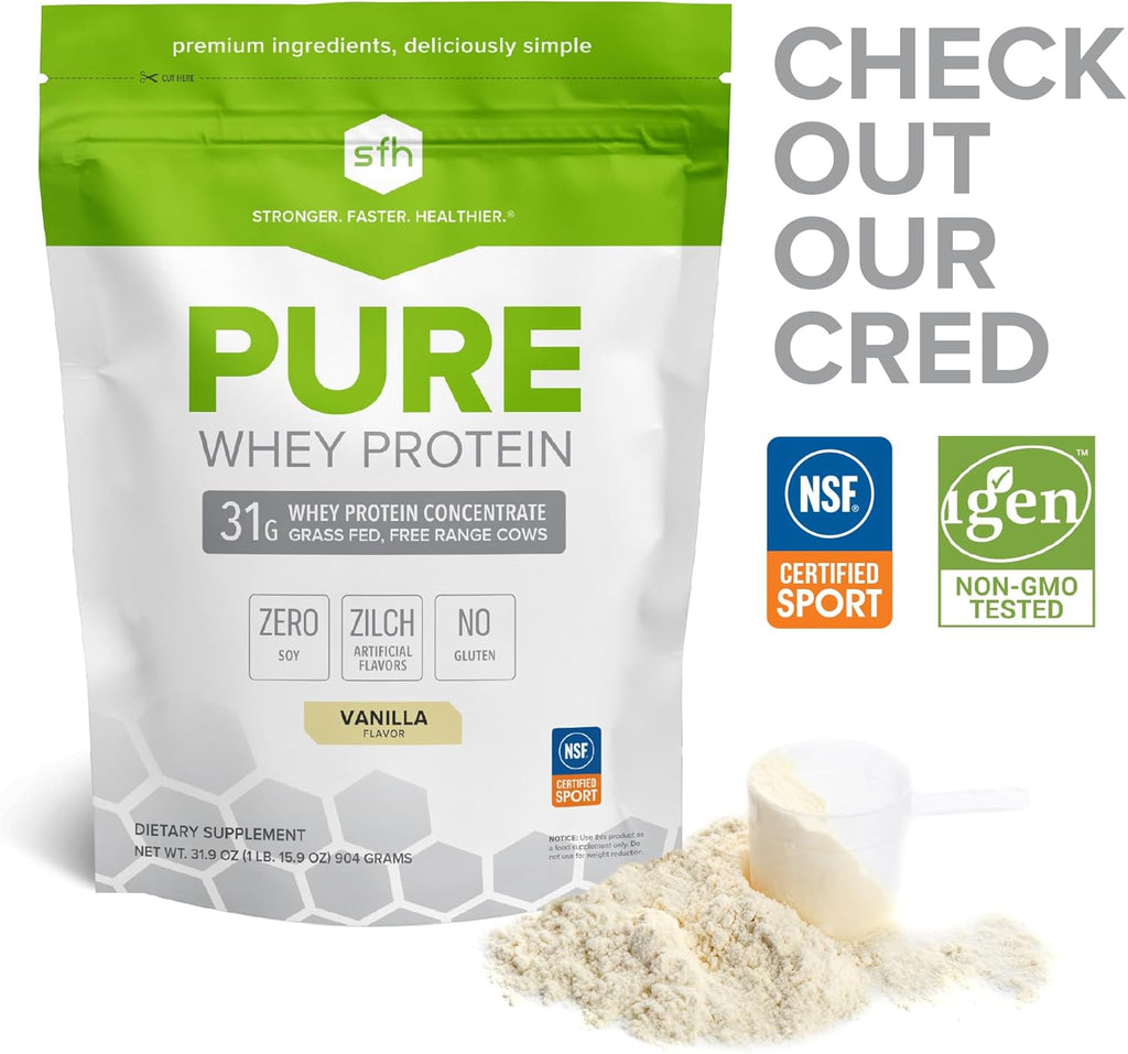 SFH Pure Whey Protein Powder (Vanilla) Best Tastin Grass Fed Whey | All Natural | Non-GMO, No Artificials, Soy Free, Gluten Free | (Vanilla, 31.9 Ounce (Pack of 1)