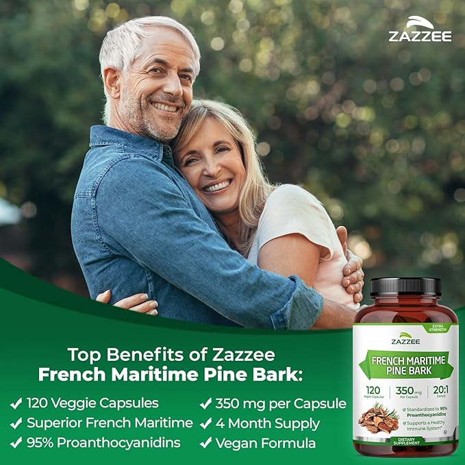 Zazzee Extra Strength French Maritime Pine Bark 20:1 Extract, 350 mg Per Capsule, 120 Vegan Capsules, 95% Proanthocyanidins, Kosher, 4 Month Supply, Standardized 20X Extract, Non-GMO, Made in The USA