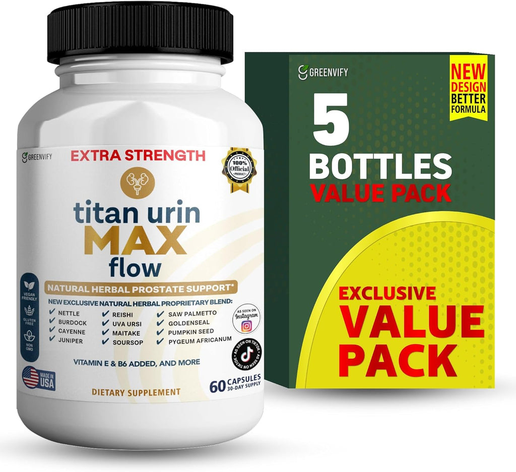 Titan Urin Max Flow Natural Prostate Supplement, 60 Capsules, Extra Strength Herbal Complex with Saw Palmetto, Vitamins E & B6 (5)