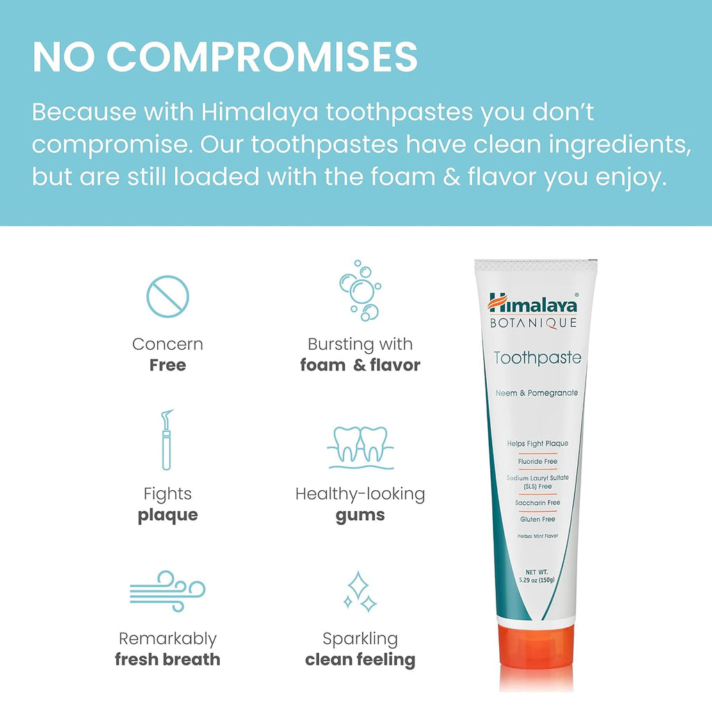 Himalaya Botanique Original Neem & Pomegranate Botanical Toothpaste, Fights Plaque, Brightens Teeth, Fluoride Free, No Artificial Flavors, SLS Free, Cruelty Free, Foaming, Mint Flavor, 5.29 Oz, 4 Pack