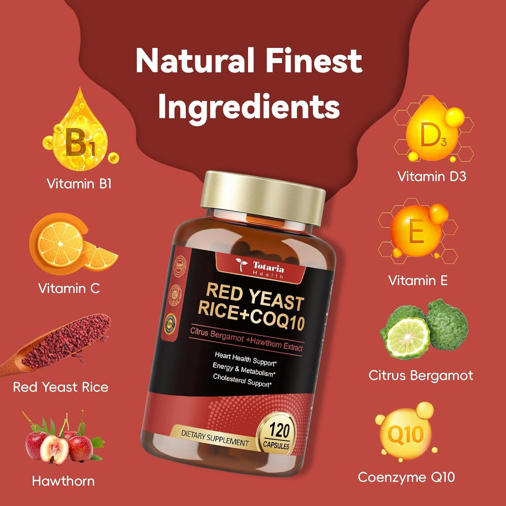 (2 Packs) Red Yeast Rice with CoQ10 Supplement - Citrinin-Free Red Yeast Rice 2,000 mg Capsules with CoQ10 100mg Plus Citrus Bergamot - Niacin-Free, Cholesterol & Energy Supplement 3rd-Party Tested