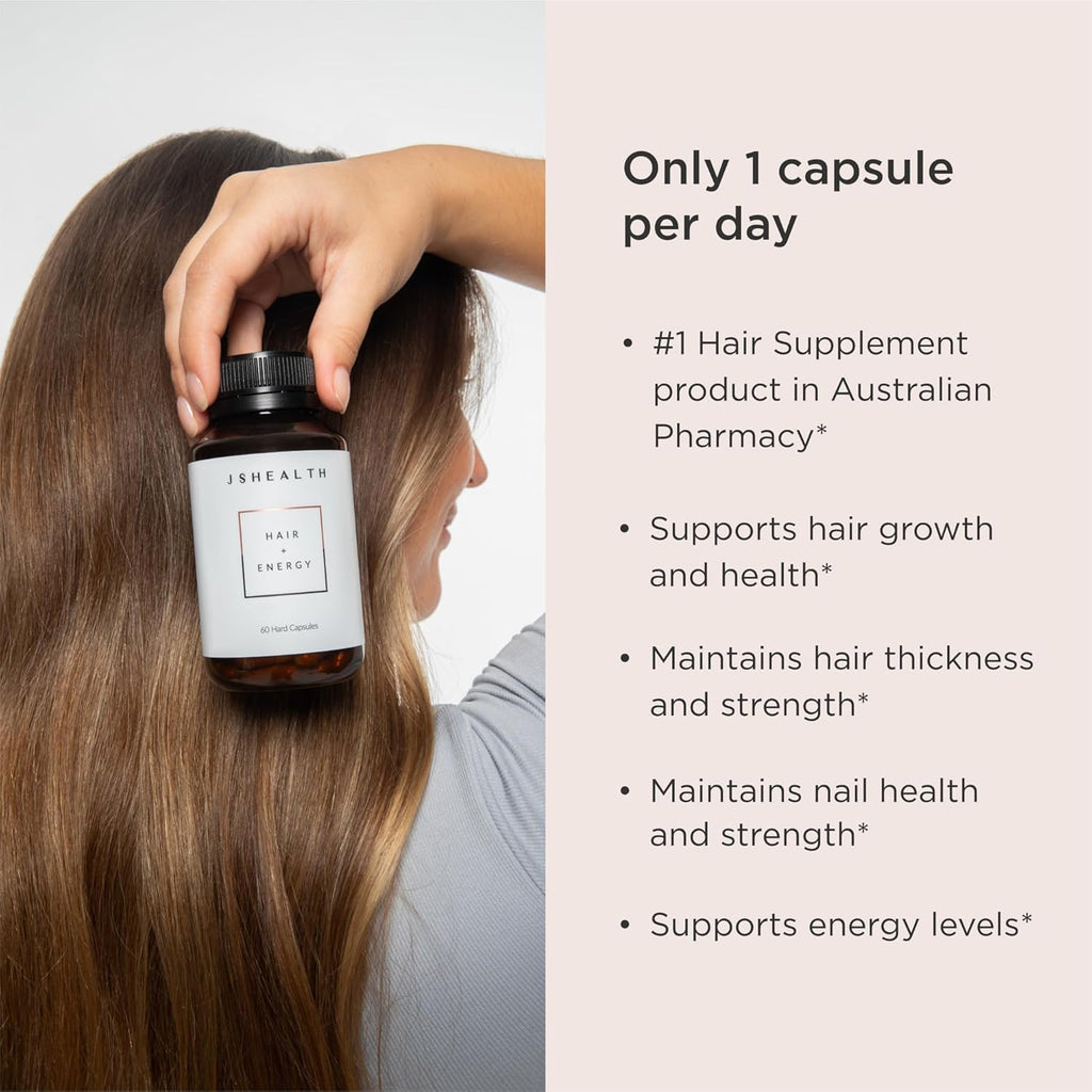 JSHealth Vitamins Hair + Energy Formula | Hair Vitamins for Women and Men with Iodine and Zinc | Supports Hair Strength, Energy Levels, and Healthy Hair Maintenance (60 Capsules Pack of 2)