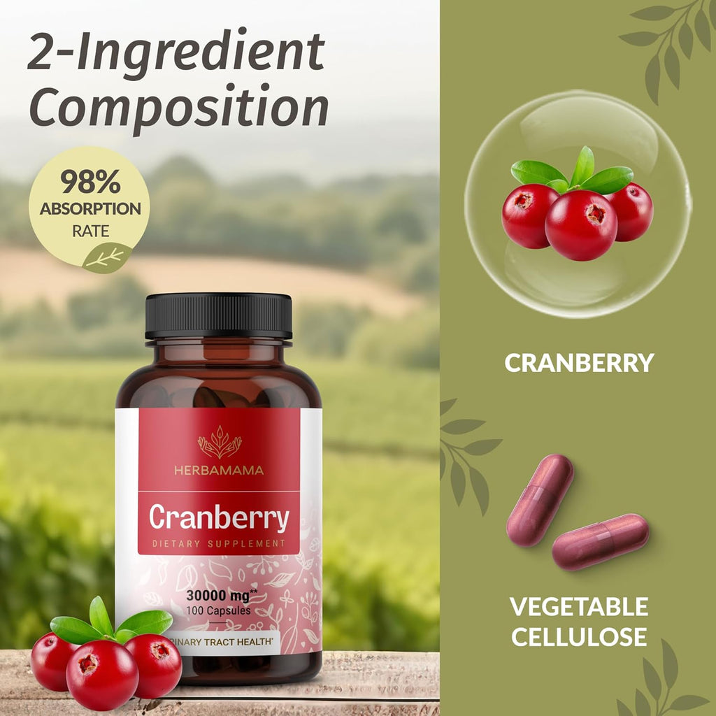 HERBAMAMA Cranberry Extract Capsules - 30,000mg Cranberry Powder for Urinary Tract Support - Vegan, Non-GMO Bladder Support Supplement, 100 Caps