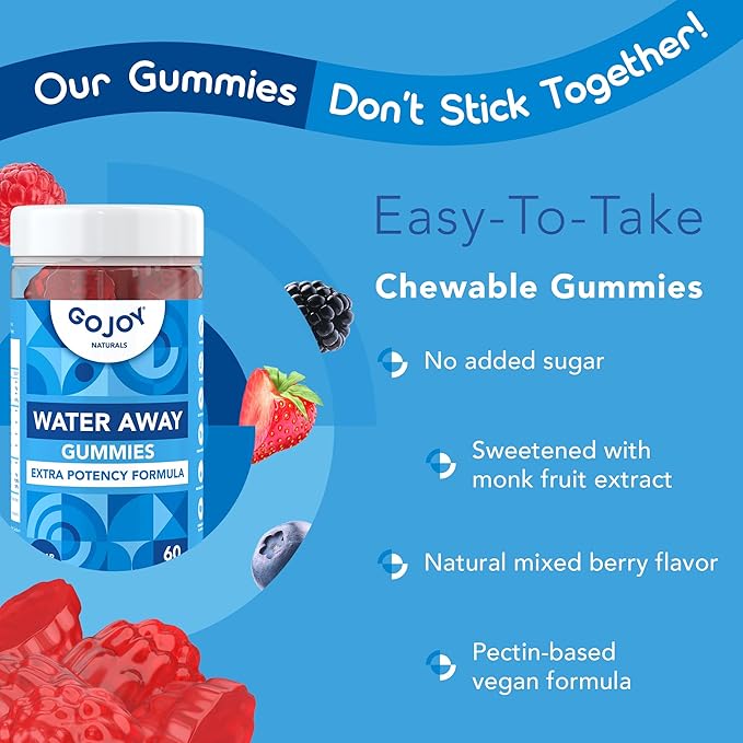 GOJOY Water Away Gummies – Natural Diuretic Support for Water Retention & Hydration Balance – Herbal Formula with Dandelion – 60 Vegan Gummies