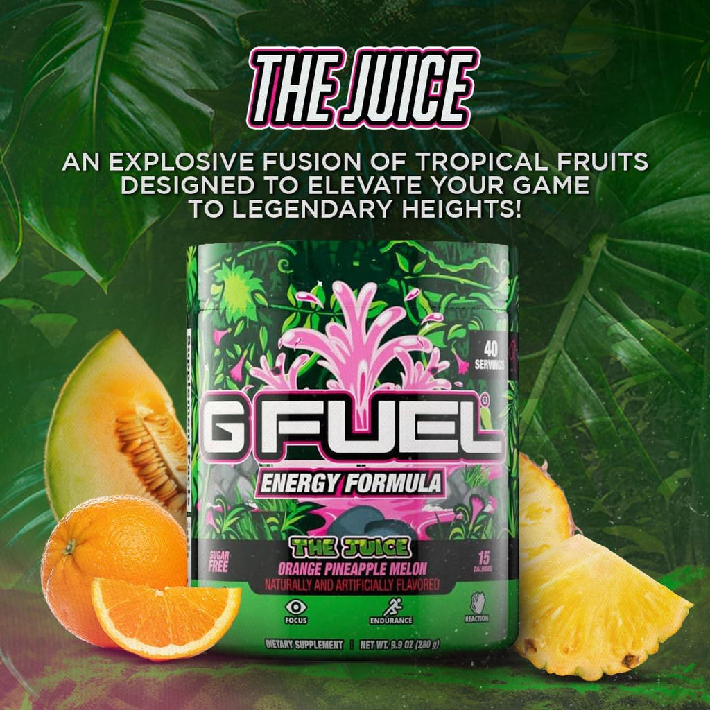 G Fuel The Juice Energy Drink Powder, Pre Workout Caffeine Mix for Gaming, Sugar Free Focus Amino, Vitamin + Antioxidants, 9.9oz (Pineapple & Melon Punch, 40 Servings)