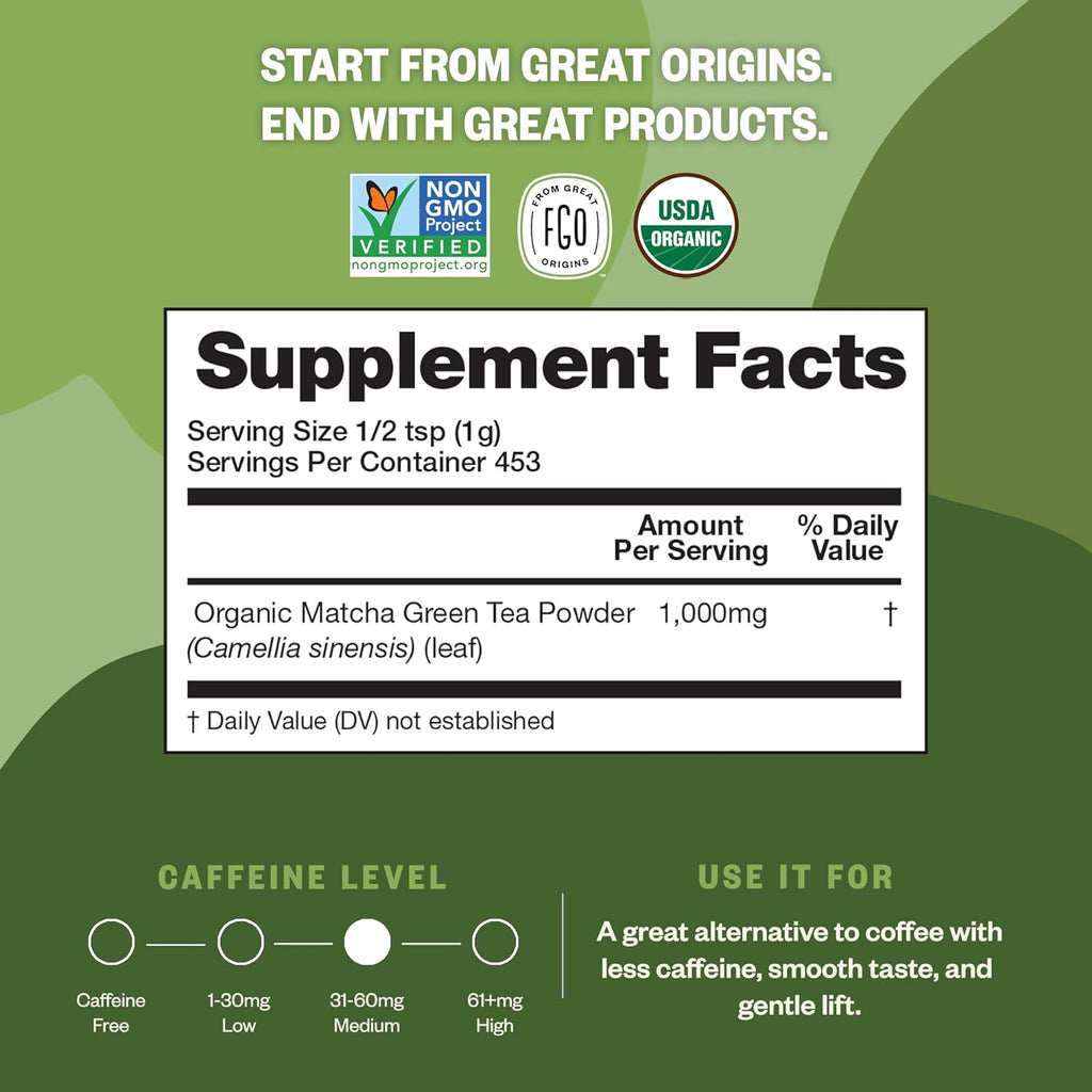 FGO Organic Matcha Green Tea Powder, Japanese Culinary Grade for Cooking, Baking, or Smoothies, 16oz Bulk Resealable Bag, Packaging May Vary (Pack of 1)