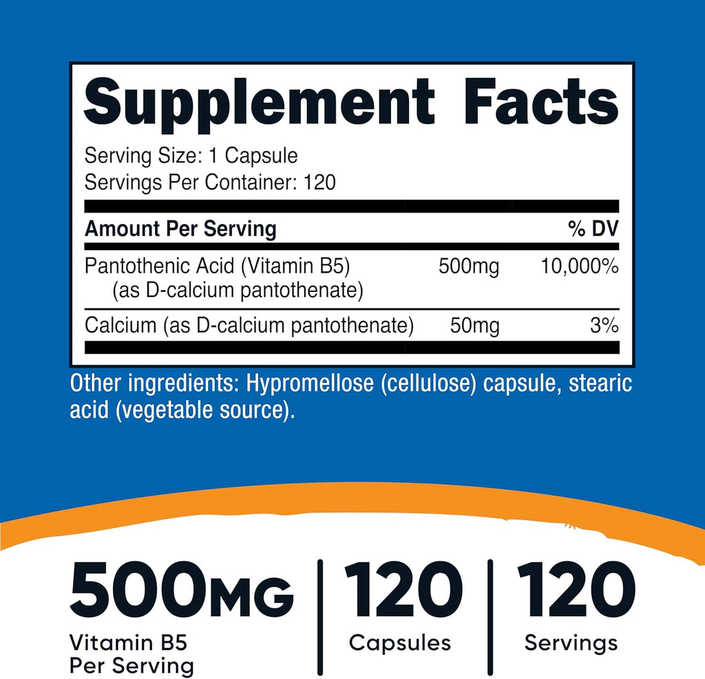 Nutricost Pantothenic Acid (Vitamin B5) 500mg, 120 Capsules
