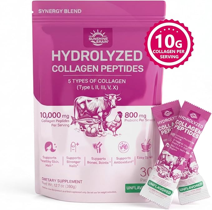 Multi Collagen Peptides Powder - 10g Hydrolyzed Collagen Peptides Type I, II, III, V & X with Biotin, Hyaluronic Acid & Prebiotics, Support Hair, Skin, Nail, Bone & Digestive Health, Non-GMO丨30 Sticks