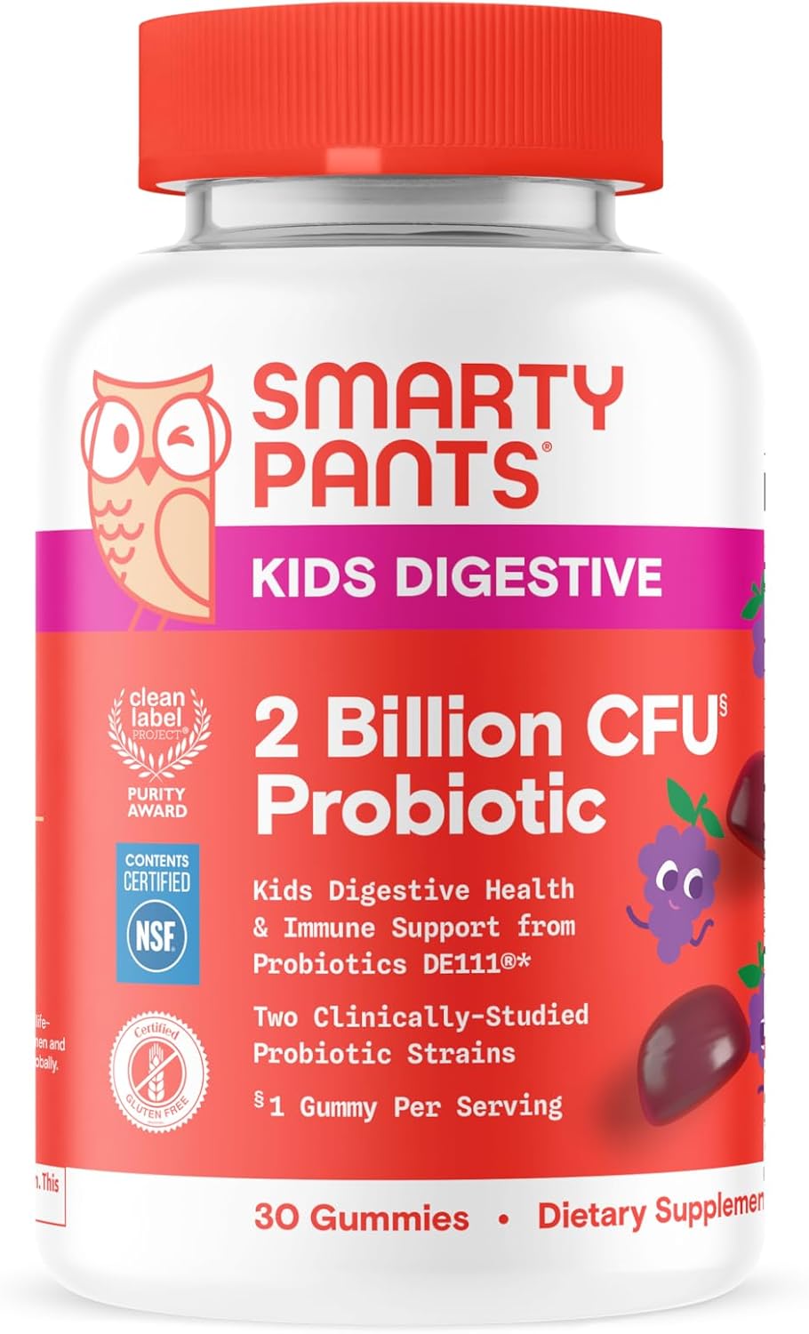 SmartyPants Kids Probiotic Gummies for Digestive Health: 2 Billion CFU Gut Health and Immune Support Supplement, Clinically Studied Probiotic, Gluten Free, Grape, 30 Count (30 Day Supply)