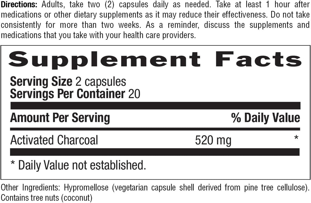 Country Life Coconut Activated Charcoal Capsules, 260mg – Natural Charcoal Supplement for Gas and Bloating Relief - Gluten-Free, 40 Vegan Capsules