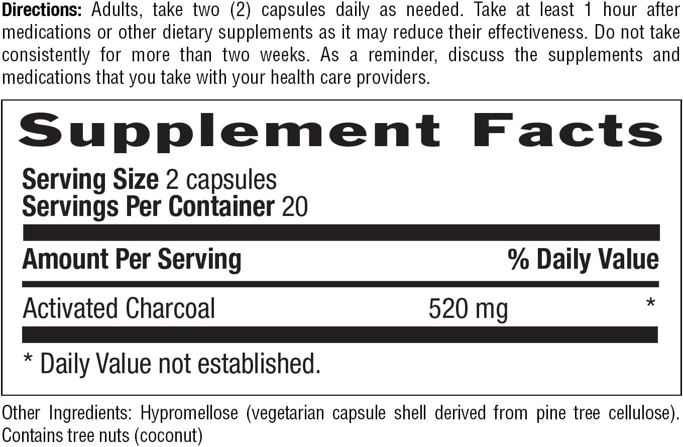 Country Life Coconut Activated Charcoal Capsules, 260mg – Natural Charcoal Supplement for Gas and Bloating Relief - Gluten-Free, 40 Vegan Capsules