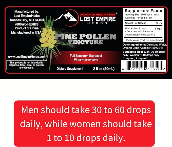 Lost Empire Herbs Pine Pollen Tincture Pine Pollen Liquid Extract for Testosterone - Alcohol Tincture is Superior for Better Absorption, 3rd Party Lab Tested (2 Ounce)