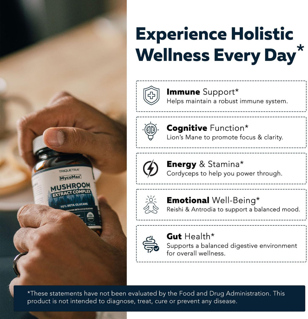 MycoMax Mushroom Complex - 70% Beta Glucans, Max Potency Mushroom Supplement, US Grown + Ultrasonic Extraction - Lions Mane, Cordyceps, Reishi & More - Cognition, Immunity, Energy - 60 capsules