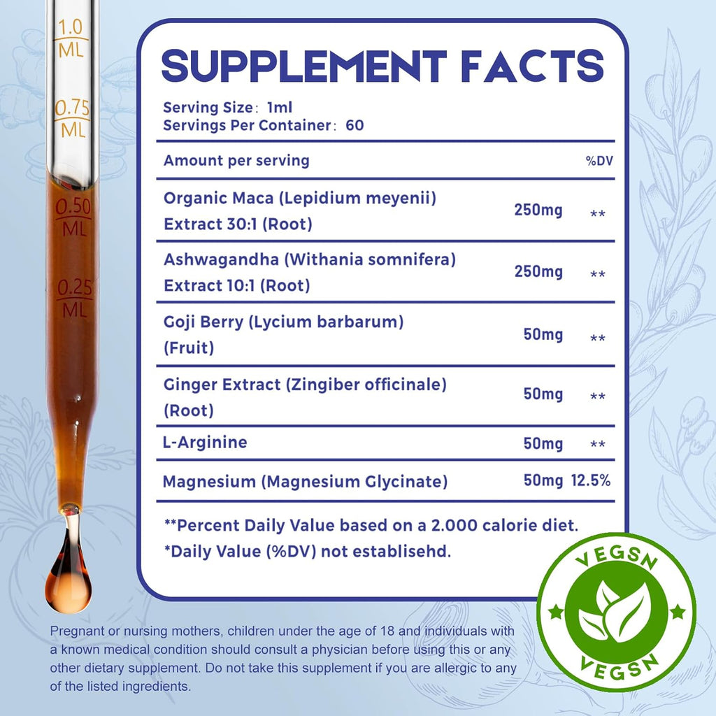 Maca Root Ashwagandha Liquid Drops - Maca and Ashwagandha Supplements with Goji Berry,Ginger Extract,L-Arginine and Magnesium Enhanced Energy 2 fl oz