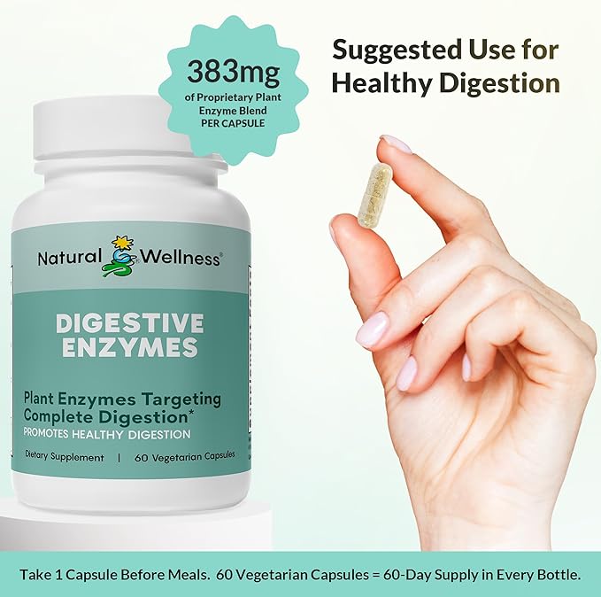 Natural Wellness Digestive Enzymes – Comprehensive Enzyme Blend for Healthy Digestion, Nutrient Absorption & Relief from Gas, Bloating & Indigestion – 60 Vegetarian Capsules