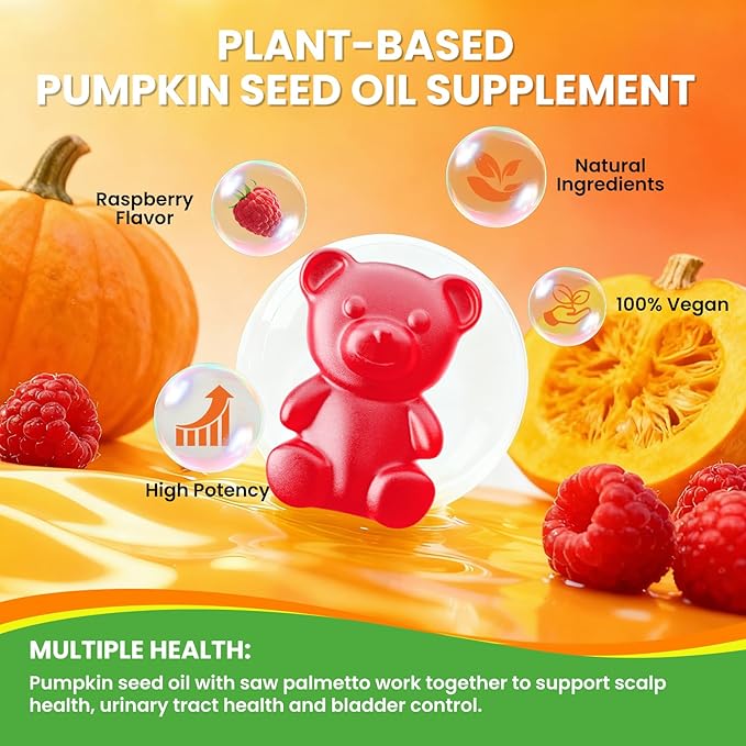 Pumpkin Seed Oil Gummies with Saw Palmetto, 3000mg Per Serving Pumpkin Seed Oil Supplement for Hair Growth, Skin Health, High Pure Extract for Women & Men, Vegan, Raspberry Flavor, 60 Count