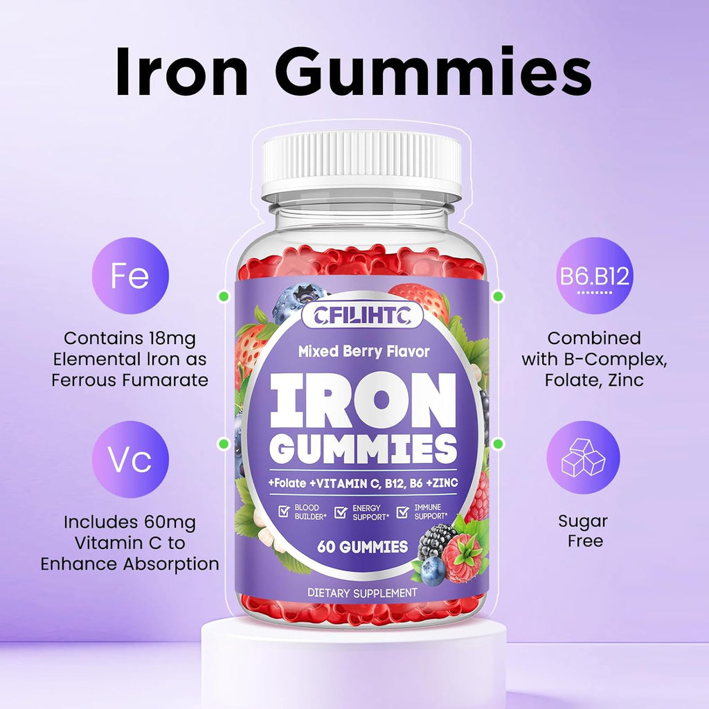 Iron Gummies for Women & Men - Iron Supplement with Vitamin B6, B12, C, Zinc, Folate for Adults & Kids - Support Iron Deficiency, Anemia, Energy Boost, Blood Builder - Sugar Free 60ct Mixed Berry