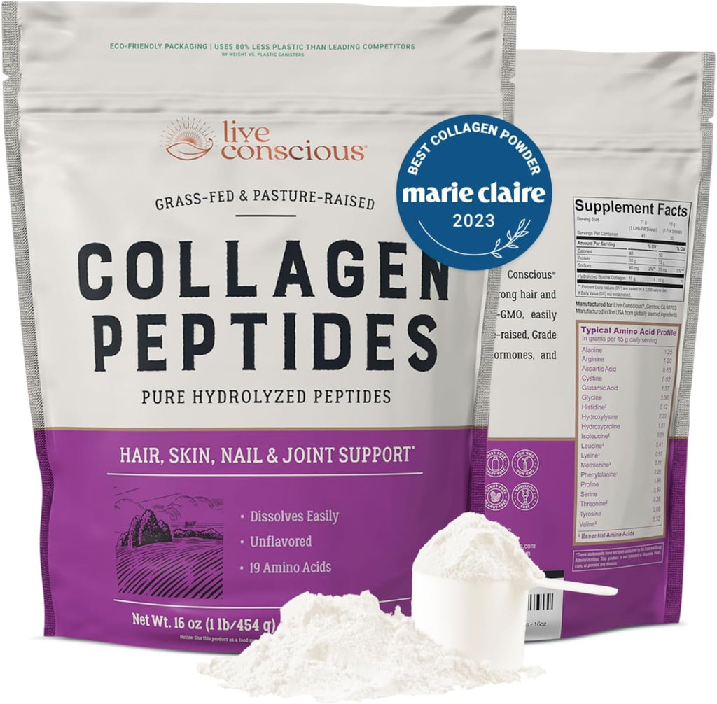 Live Conscious Collagen Peptides Powder - Hair, Skin, Nail, and Joint Support - Type I & III Collagen - Naturally-Sourced Hydrolyzed Protein - 16oz (2-Pack)