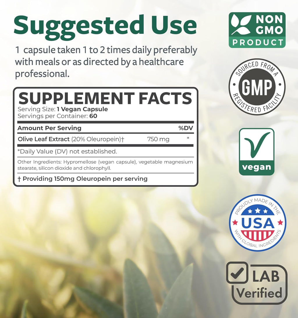 Super Strength Olive Leaf Extract Capsules - Vegan Non-GMO 750mg Olive Extract with 20% Oleuropein Antioxidant Supplement for Immunity Skin and Heart Health Support - Made in The USA (2 Month Supply)