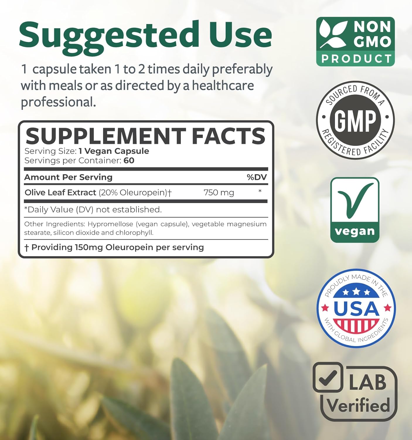 Super Strength Olive Leaf Extract Capsules - Vegan Non-GMO 750mg Olive Extract with 20% Oleuropein Antioxidant Supplement for Immunity Skin and Heart Health Support - Made in The USA (2 Month Supply)