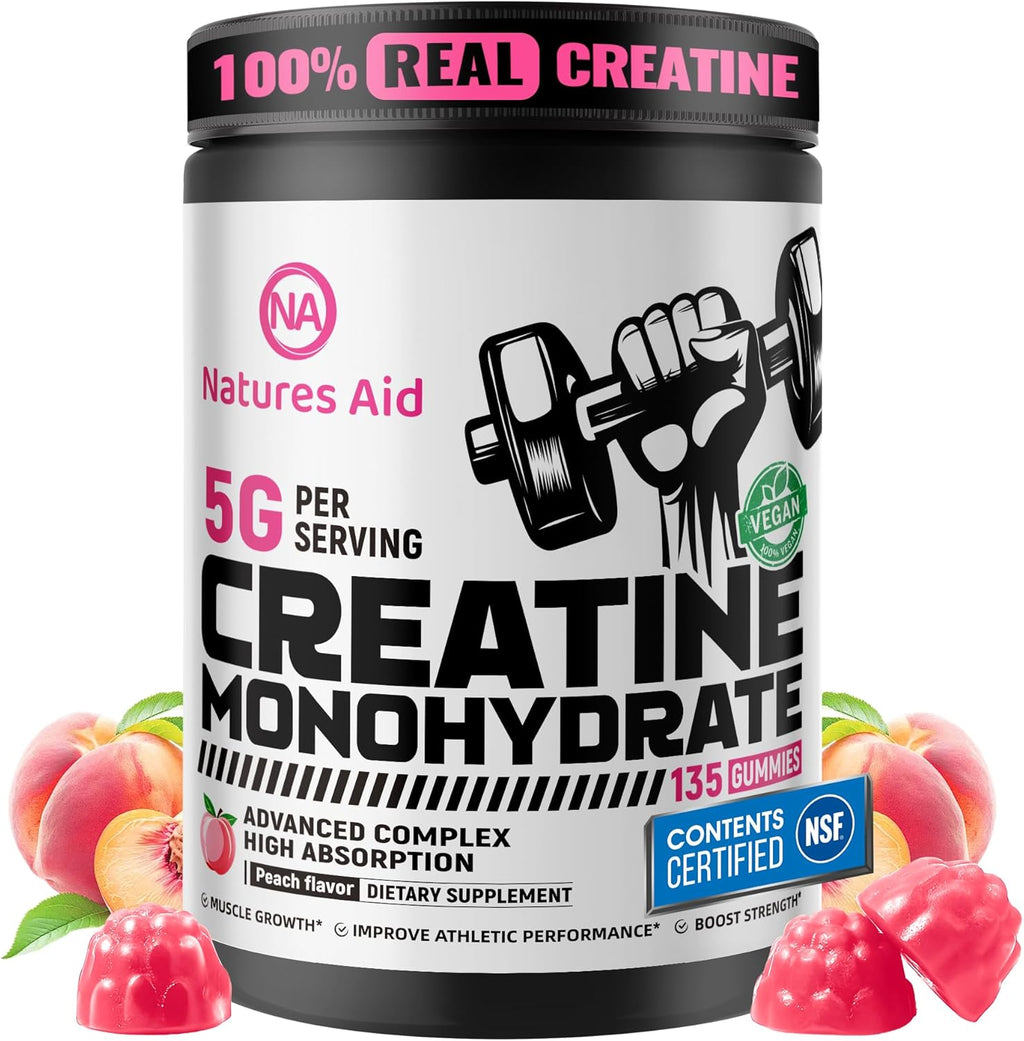 Natures Aid Creatine Monohydrate Gummies (5g) – Pre-Workout Energy & Muscle Growth Support for Men & Women | Peach Electrolyte Gummies (135 Count)
