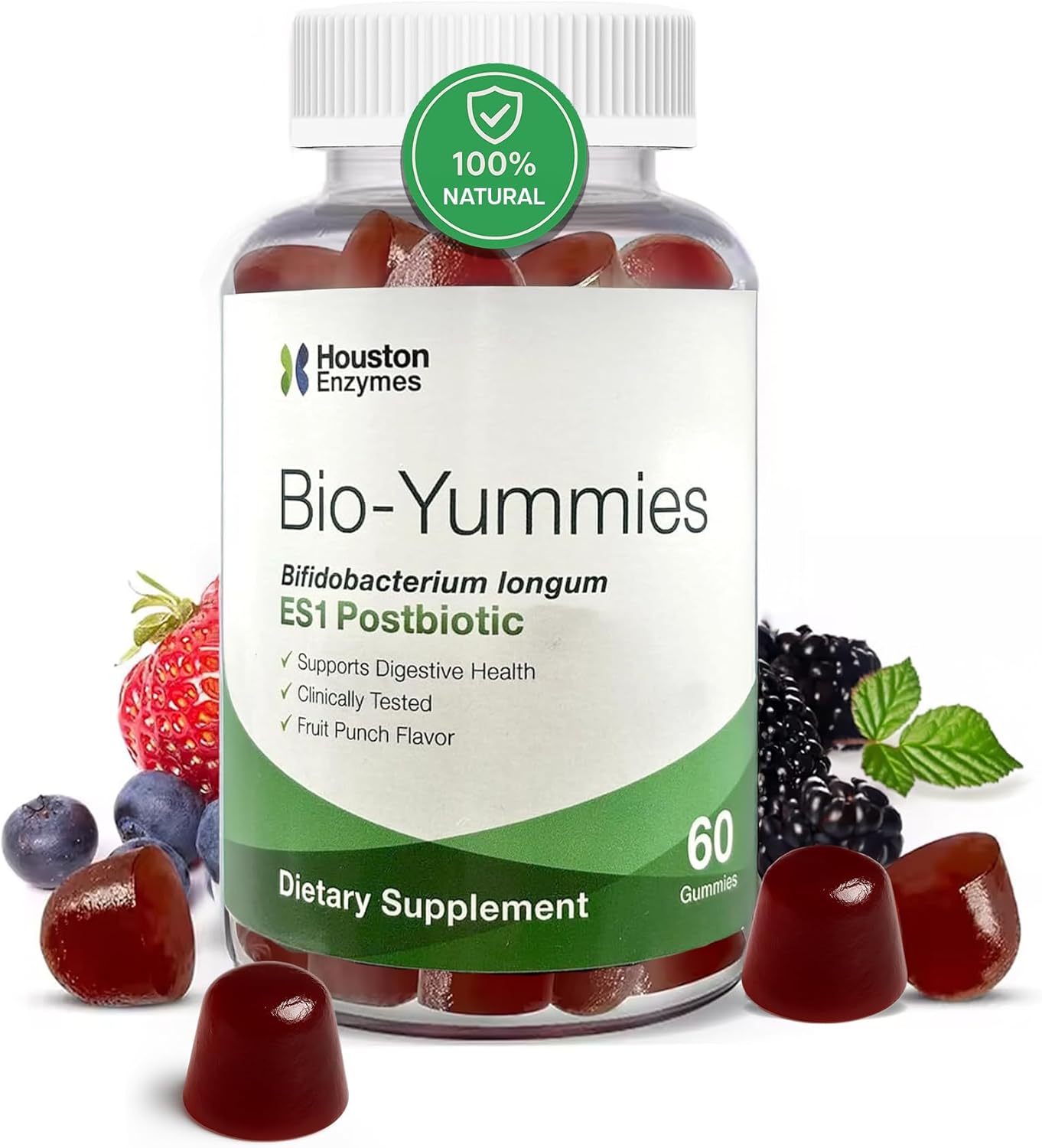 Houston Enzymes BioYummies Postbiotic Digestive Health Supplement with ES1 Postbiotics, Gut Health for Men & Women, Metabolites from Prebiotics and Probiotics, 60 Fruit Punch Flavor Chewable Gummies