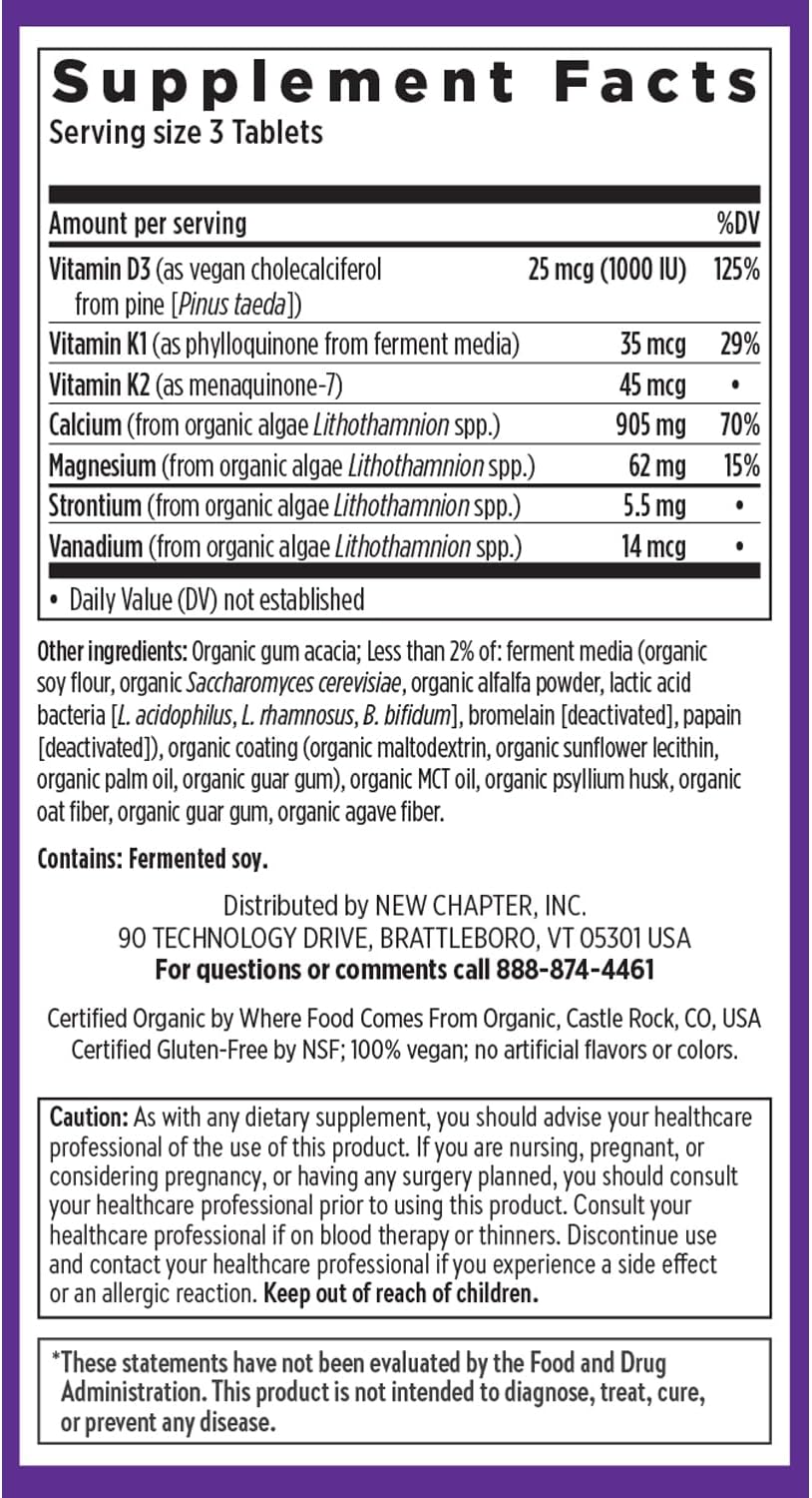 New Chapter Calcium Supplement - Bone Strength Organic Calcium with Magnesium, Vitamin D3+K2, 70+ Trace Minerals for Bone Health, Gluten Free, Easy to Swallow Slim Tablets - 180 Count
