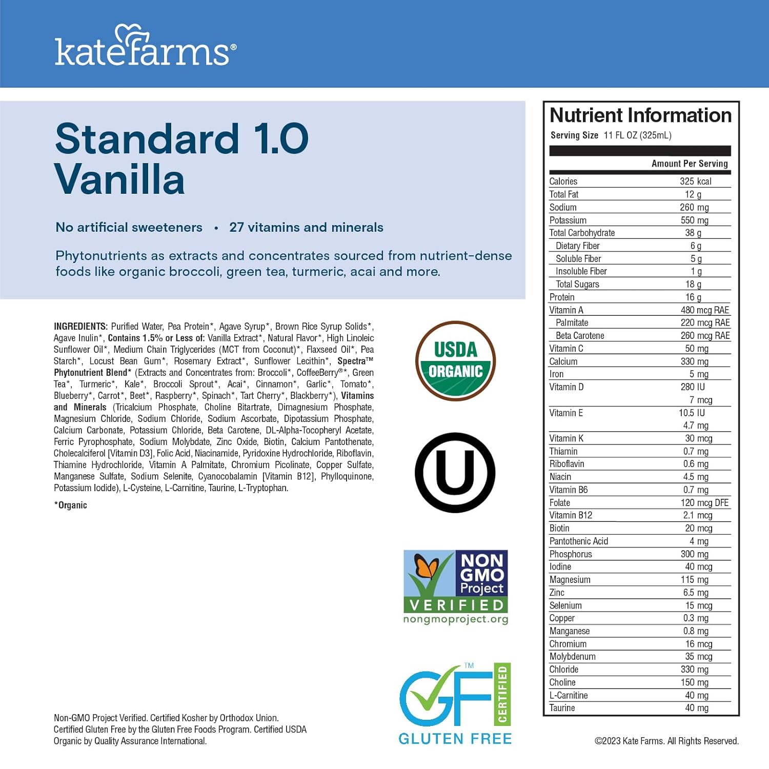 KATE FARMS Organic 1.0 Sole-Source Nutrition Shake, Vanilla, 16g Protein, 27 Vitamins and Minerals, Meal Replacement, Protein Shake, 11 oz (12 Pack)