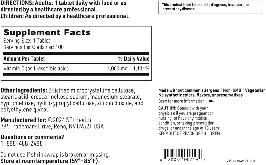 Klaire Labs SFI Health Vitamin C - 1000 Milligrams L-Ascorbic Acid in Coated Tablets to Protect from Oxidation (100 Tablets)