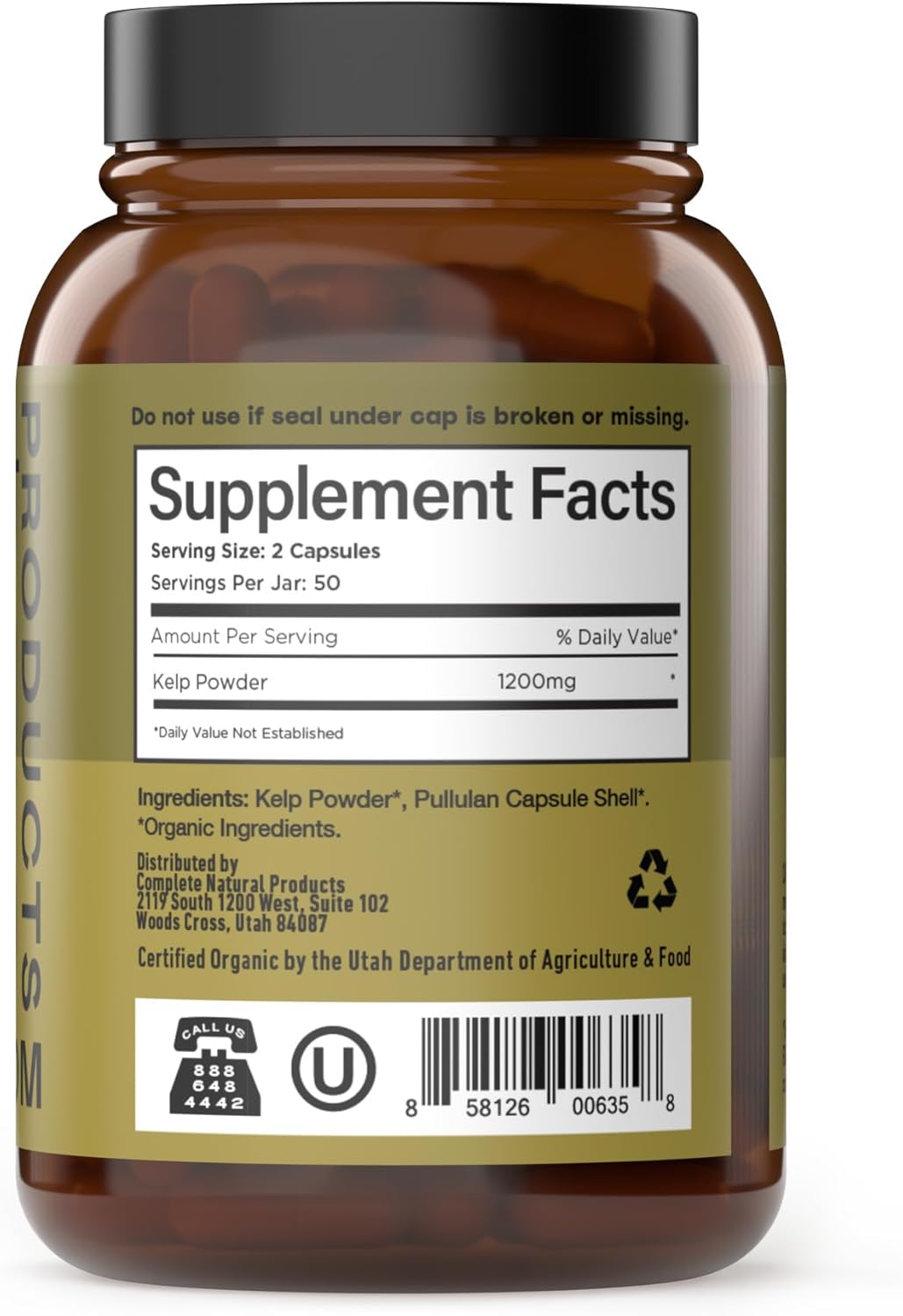 Complete Natural Products Raw Sea Kelp Powder Supplement - 600mg Capsules 100 Pills Powdered Raw Seaweed & Thyroid Support Supplement