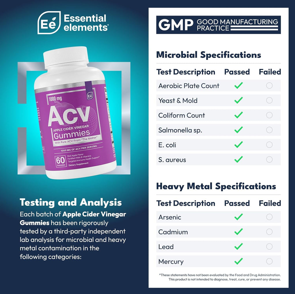 Essential Elements Apple Cider Vinegar Gummies from The Mother - Naturally-Sourced, Vegan ACV with Folic Acid and Vitamin B6 & B12 60 Count