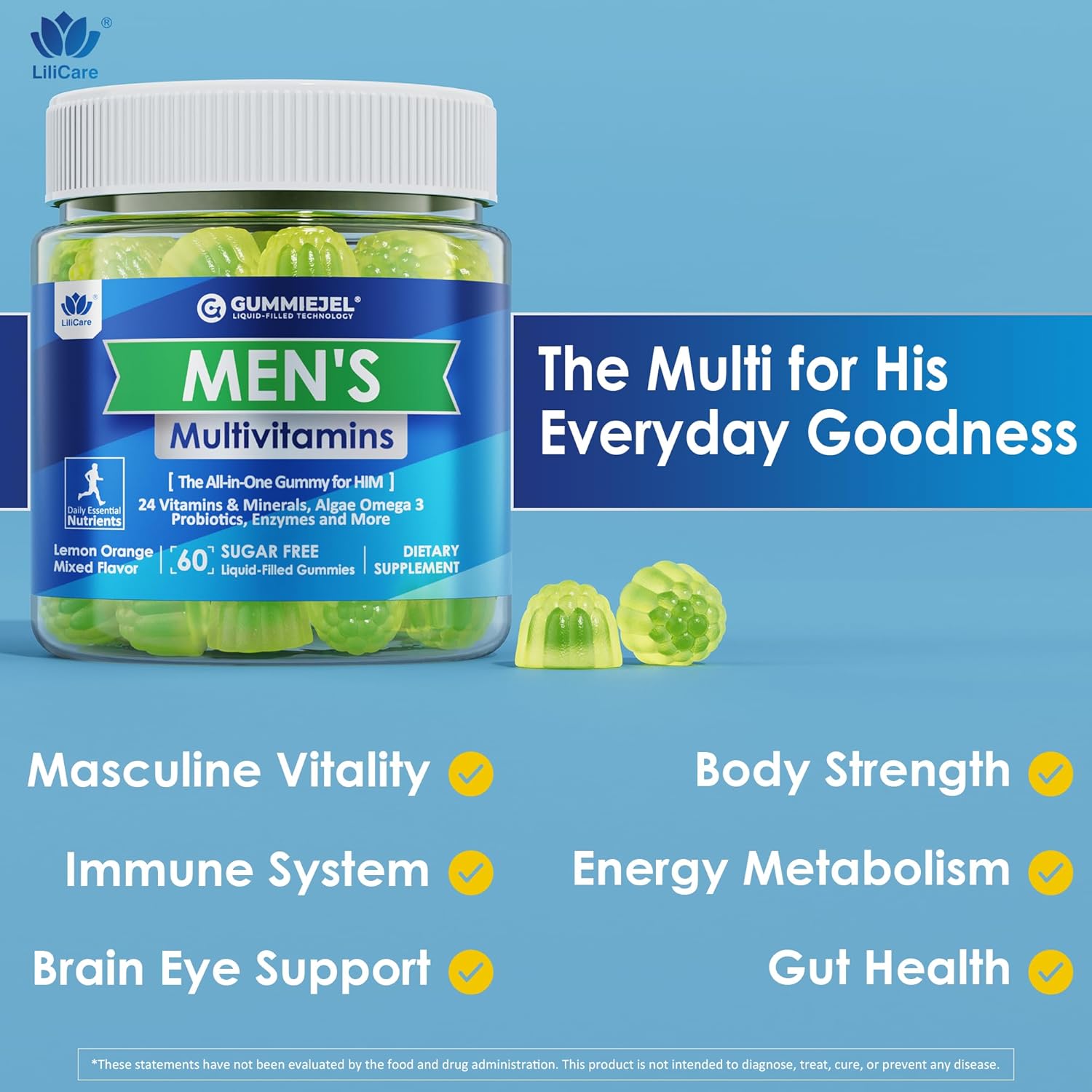Mens Multivitamins Gummies, Multiminerals, Vegan Omega 3, CoQ10, Probiotics, Daily Mens Vitamins A C D3 E B6 B12, Methylated Multivitamin for Men - Energy, Immunity, Sugar Free, Vegan (No Iron) 60 Cts