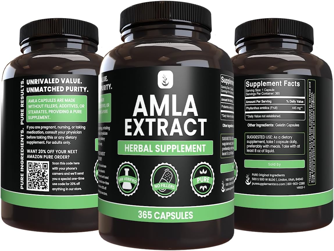 PURE ORIGINAL INGREDIENTS Amla Extract (365 Capsules) No Magnesium Or Rice Fillers, Always Pure, Lab Verified