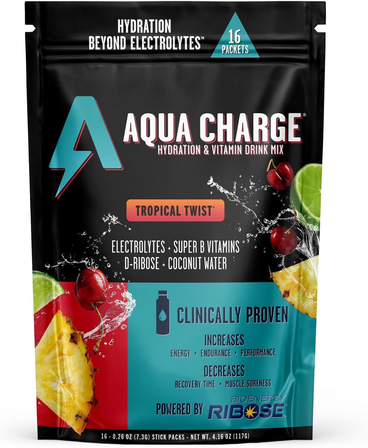 Grab The Gold Aqua Charge Electrolytes Drink Mix | Naturally Flavored Sugar-Free Hydration Drinks with B Vitamins | Vegan, Gluten-Free, Non-GMO | Tropical Twist - 16 Packs