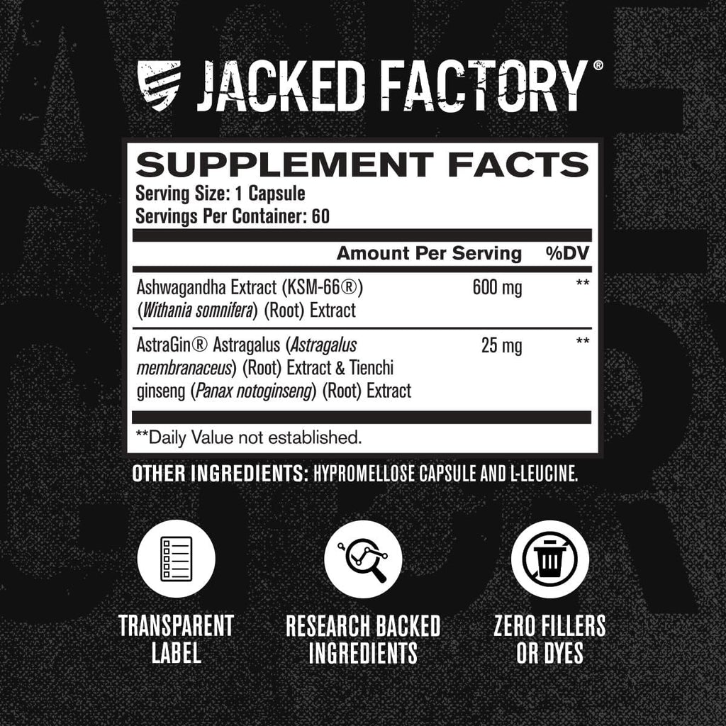 Jacked Factory Ashwagandha Root Extract (KSM-66 Ashwagandha) w/ 5% Withanolides - Supplement for Natural Stress Relief, Cognitive Function, Vitality, and Mood Support - 60 Veggie Capsules