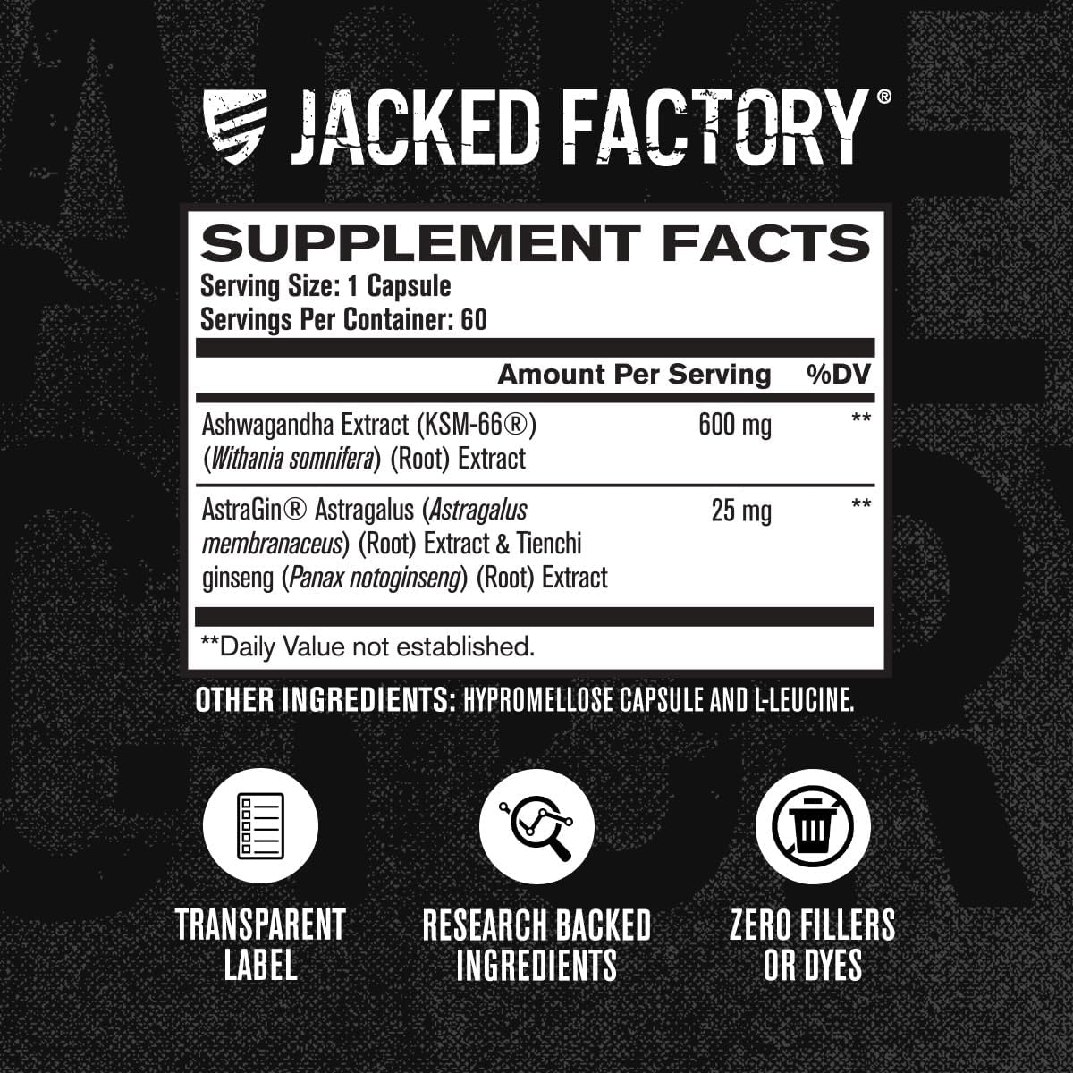 Jacked Factory Ashwagandha Root Extract (KSM-66 Ashwagandha) w/ 5% Withanolides - Supplement for Natural Stress Relief, Cognitive Function, Vitality, and Mood Support - 60 Veggie Capsules