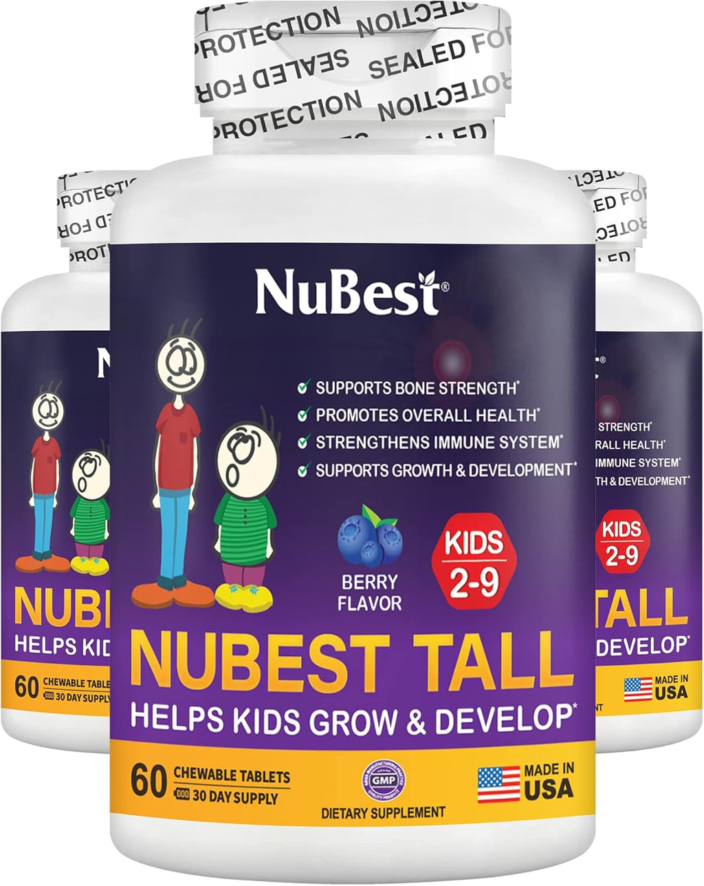 NuBest Tall Kids for Age 2 to 9 - Bone Strength, Brain Growth, Immunity with Calcium, Multivitamins & Minerals - 60 Chewable Berry Tablets | 3 Pack