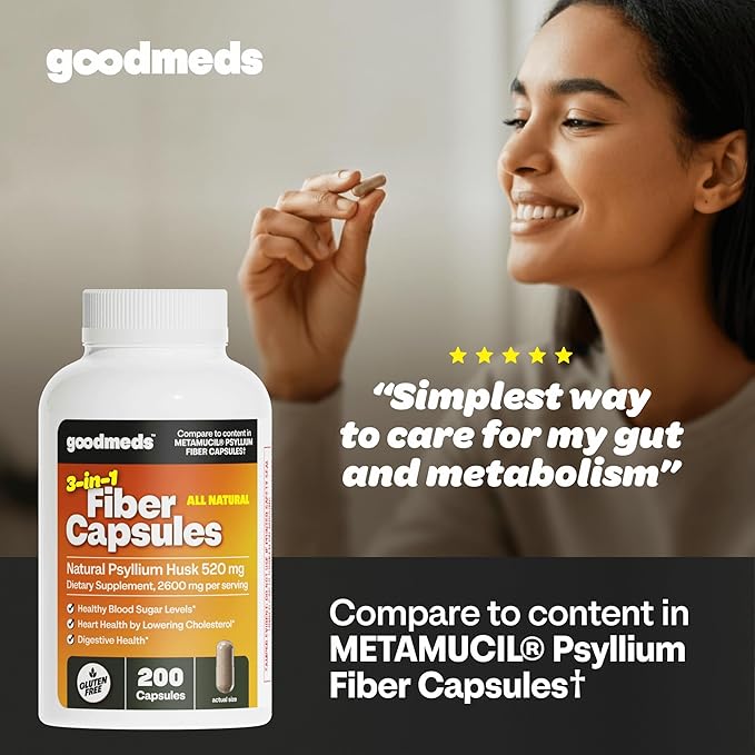 Psyllium Husk Fiber 520mg Capsules Supplement Soluble Dietary Colon Support for Women and Men, Restore Digestive Regularity and Balance (200 Count)