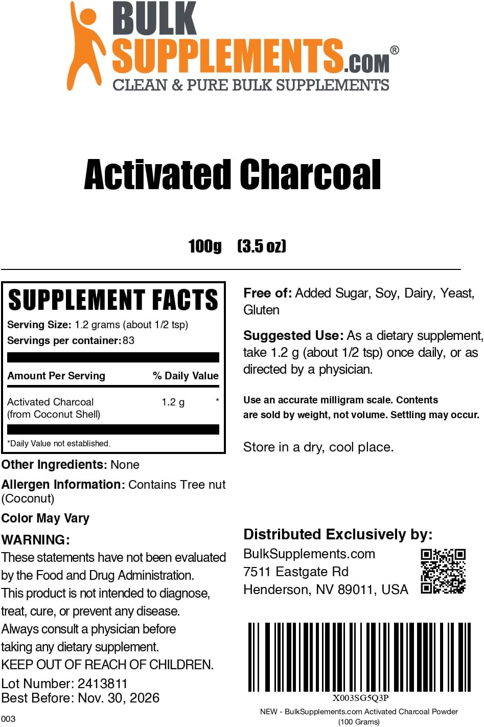 BulkSupplements.com Activated Charcoal Powder - from Coconut Charcoal, for Teeth Whitening - Vegan & Gluten Free, 1.2g per Serving, 100g (3.5 oz) (Pack of 1)