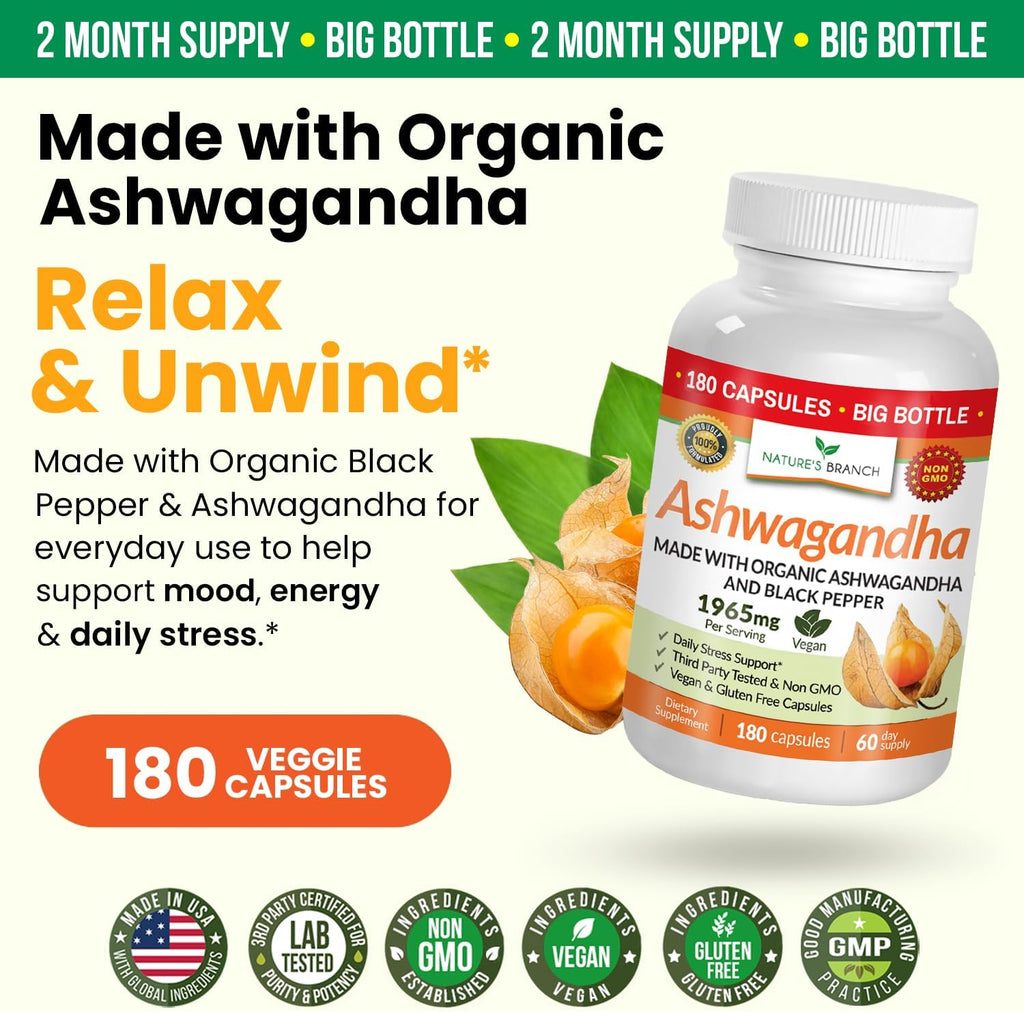 UDAF Verified Organic Ashwagandha with Black Pepper - 180 Capsules - 1965mg Extra Strength for Stress, Sleep, Mood, Thyroid, Focus, Hair, Vegan Pure Root Extract Powder - Men and Women Supplements