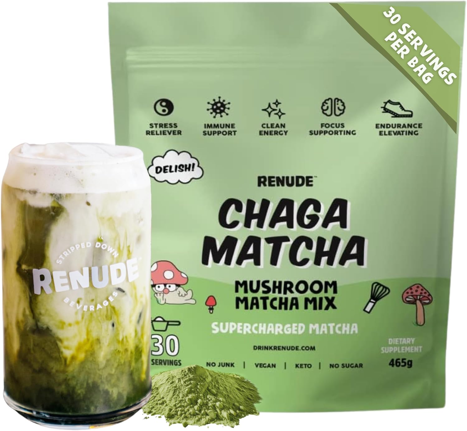Renude Chaga Matcha - Chaga Mushroom Powder, Superfood Drink Mix with Adaptogens, Ceremonial Grade Mushroom Matcha, Keto, Vegan, Sugar Free, Natural Energy and Immune Support - 30 Servings