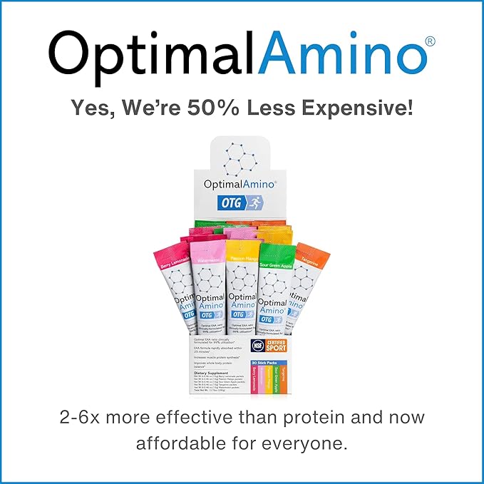 OptimalAmino OTG Stick Packs, 5 Flavor Variety Box (30 Count), 99% Utilized Essential Amino Acid (EAA) Supplement, Increase Muscle Recovery, Vegan/Keto Pre/Post Workout, NSF Certified for Sport