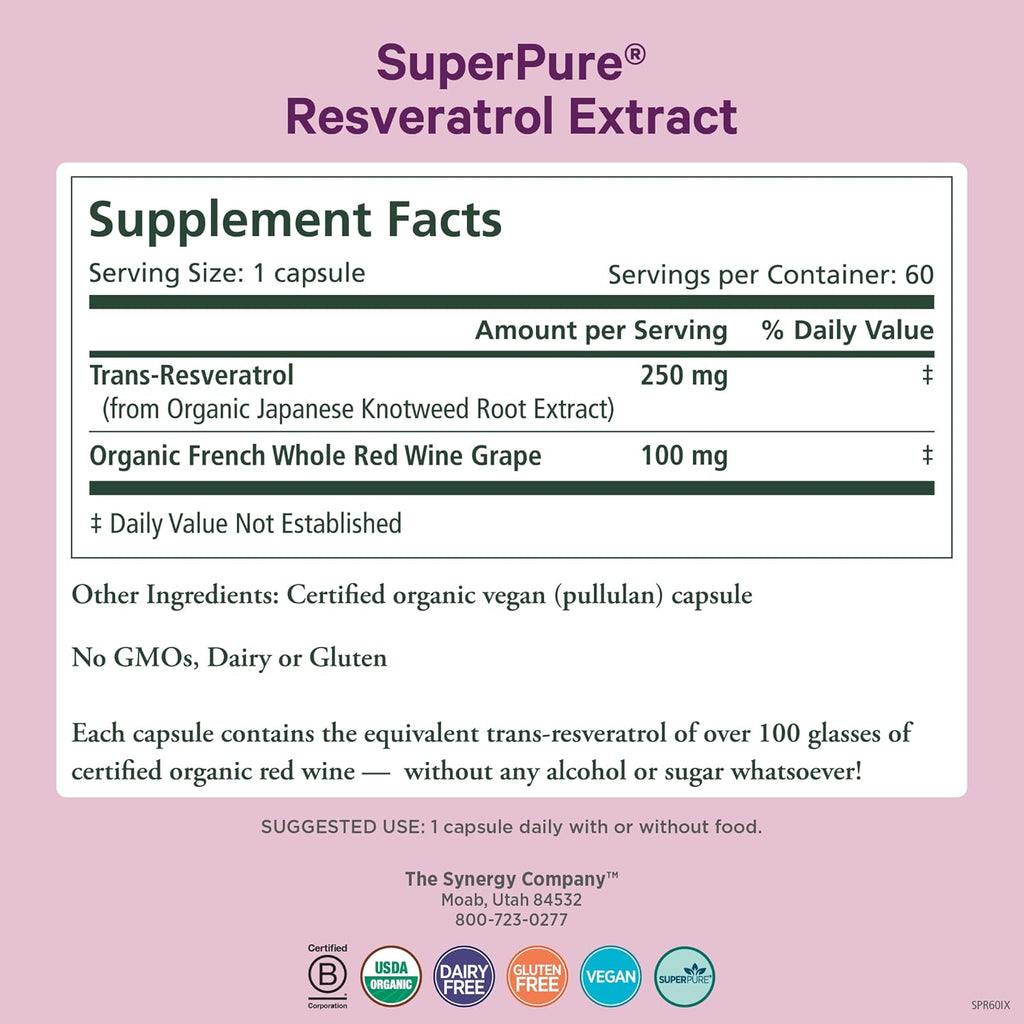 PURE SYNERGY SuperPure Resveratrol Extract | Organic Resveratrol Supplement | Antioxidant Trans-Resveratrol Extract with Grape Polyphenols | for Healthy Aging, Heart, and Skin Health (60 Capsules)