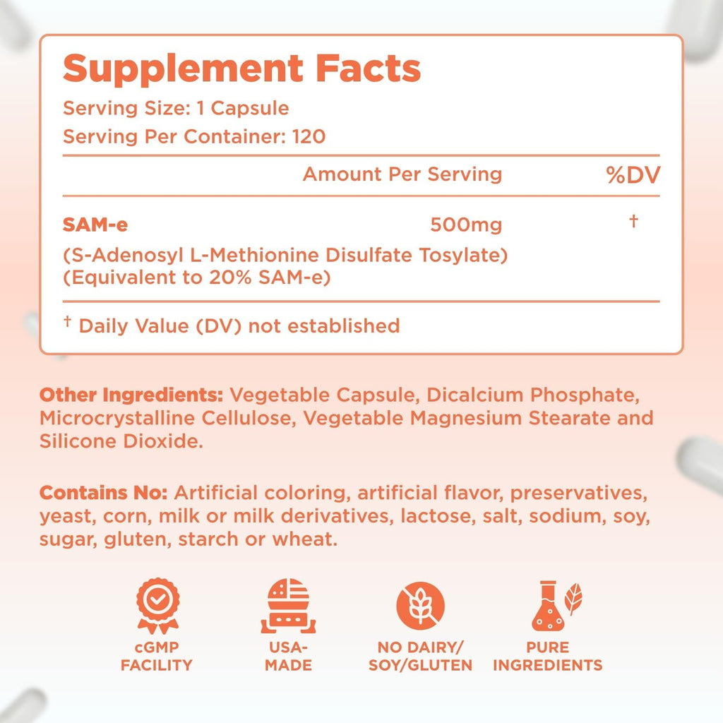 Bioactive SAM-e 500mg - High Strength SAM-e Supplement with Biologically Active S,S Form for Liver and Mood Support - Vegan Non-GMO Preservative Free - Made in The US (120 Servings)