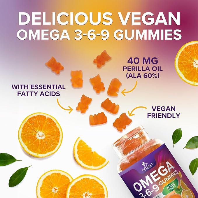 Omega 3 6 9 Gummies - Vegan Omega 3 Supplement Gummy - Essential Fatty Acids Oil 369 Complex Heart Support & Brain Support for Women, Men & Pregnancy, Fish Free Non-GMO, Orange Flavored - 60 Gummies