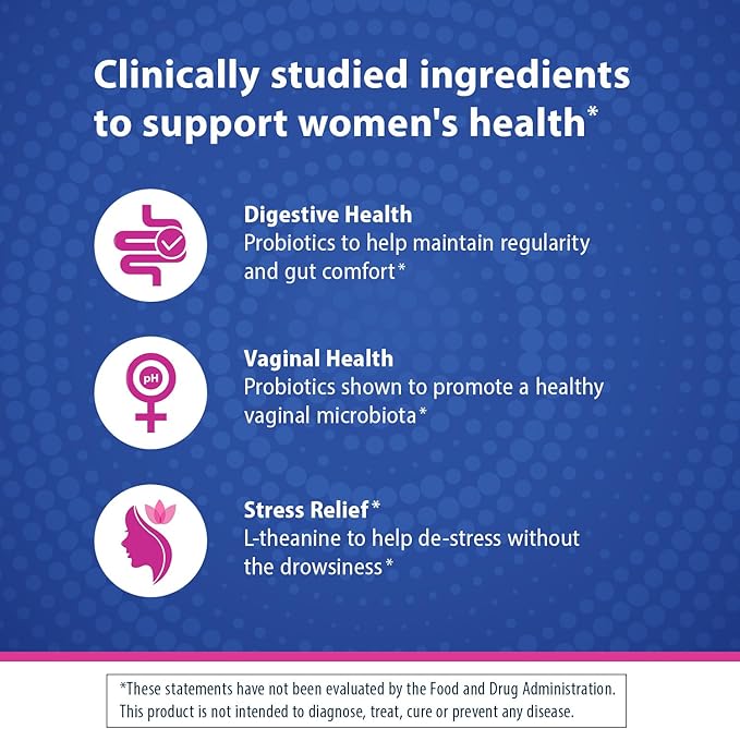 Florastor Probiotics for Women, Digest and De-Stress, Probiotics for Digestive Health, Vaginal Probiotic, and L-Theanine for Mind and Body Wellness, 60 Capsules
