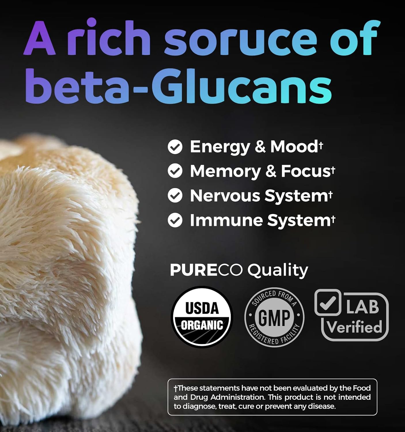 Organic Lions Mane Supplement Capsules - USDA Organic Mushroom Supplement Capsules with 1000mg Lion's Mane 10:1 Extract per Serving with 30% Polysaccharides - Vegan & Non-GMO (1 Month Supply)